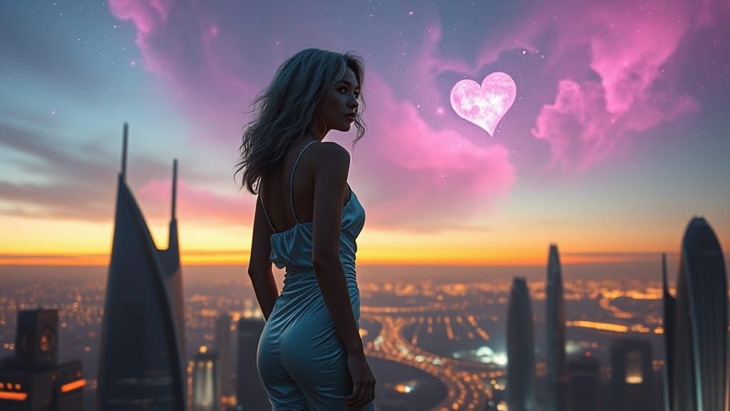 Futuristic Woman Gazing at Stars in Cityscape