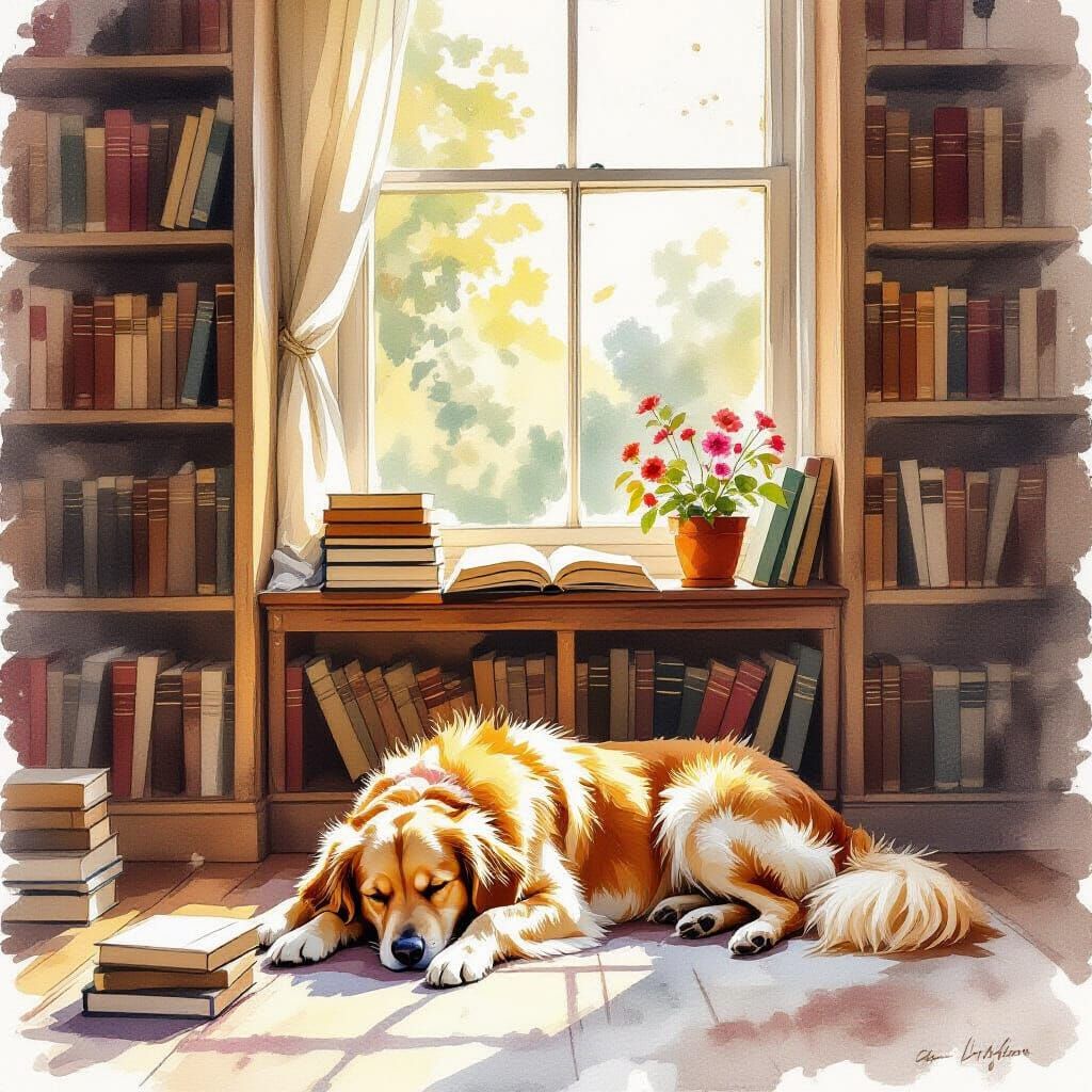 Cozy Reading Nook with Dog as Watercolor Painting