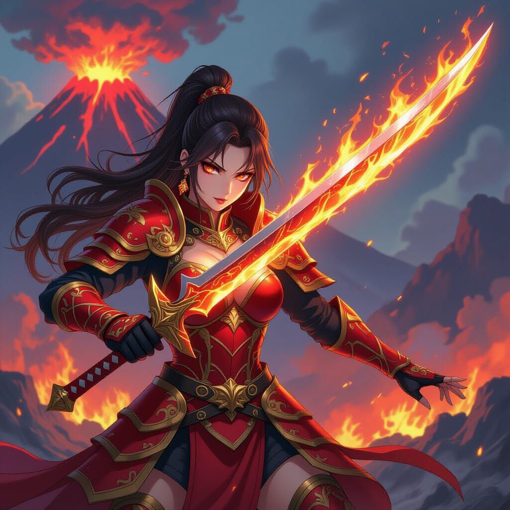 Anime Warrior with Flaming Sword and Volcano