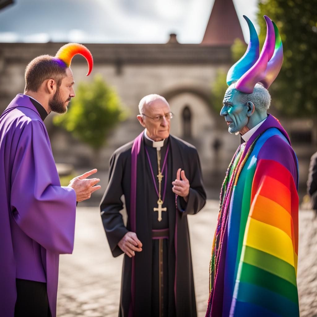 Demon and Priest Conversation in Photo-Realistic Style