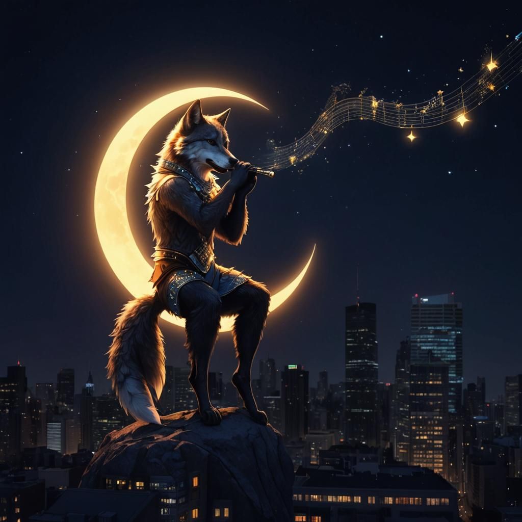 Furry Wolf on Moon with Flute Illustration