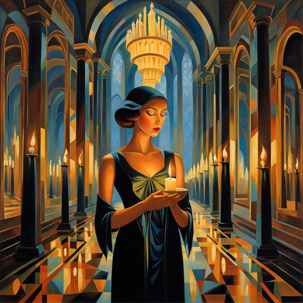 Gothic Girl in Hall of Mirrors: Chiaroscuro Cubism