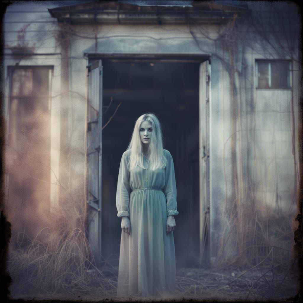Eerie Ghostly Figure in Abandoned Building: 1980s Style