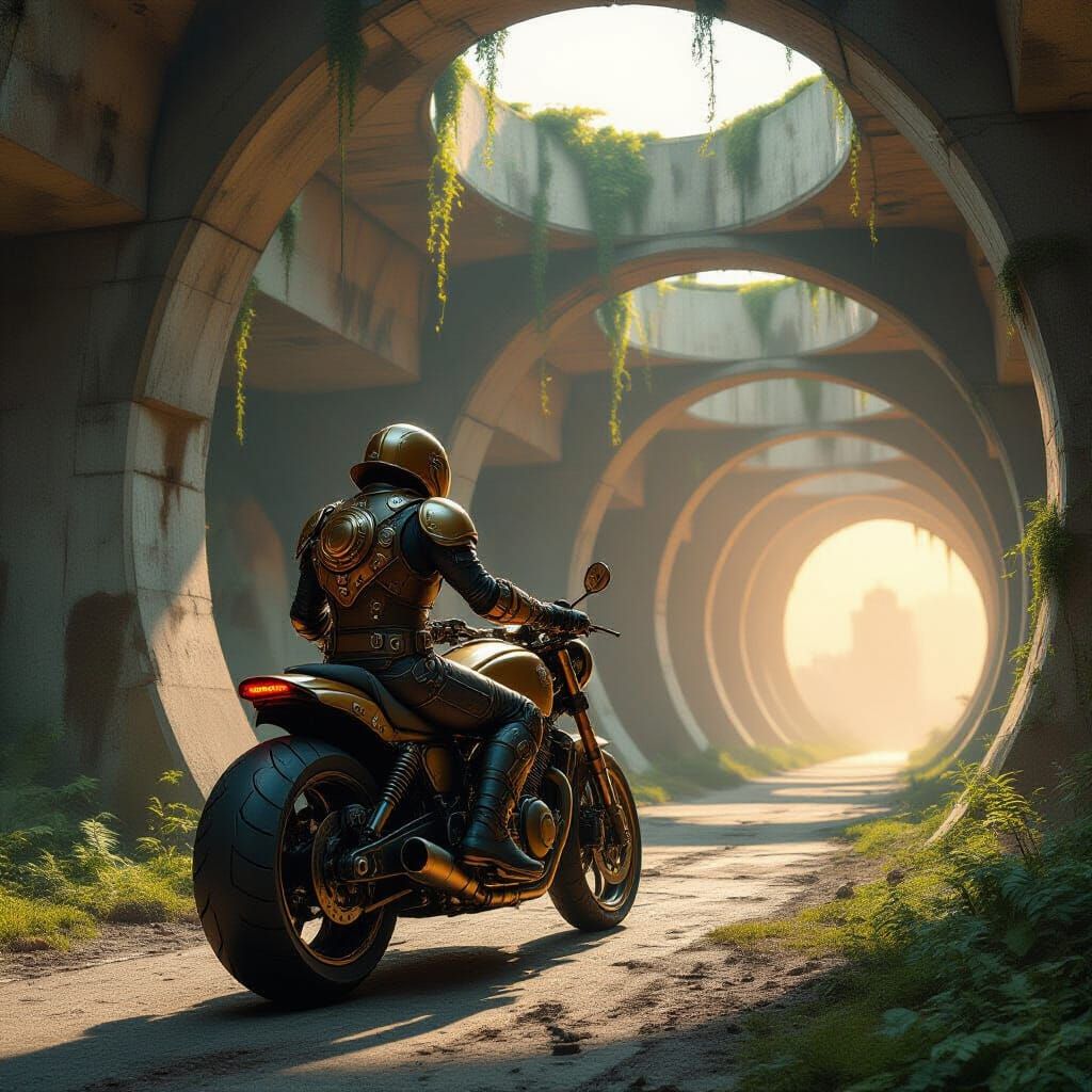 Steampunk Motorcyclist in Brutalist Ruins