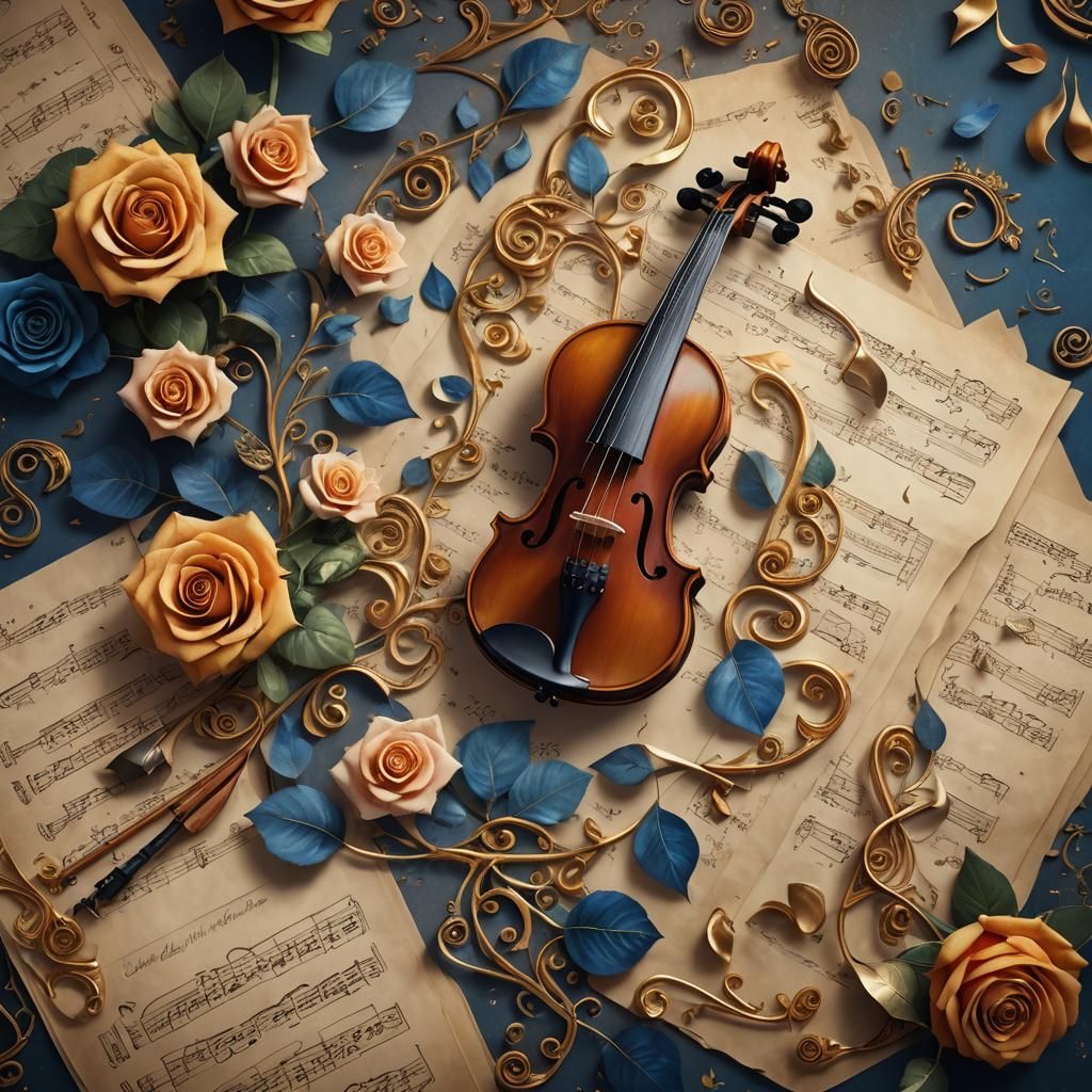 Whimsical Fantasy Art: Violin, Rose, and Music Notes