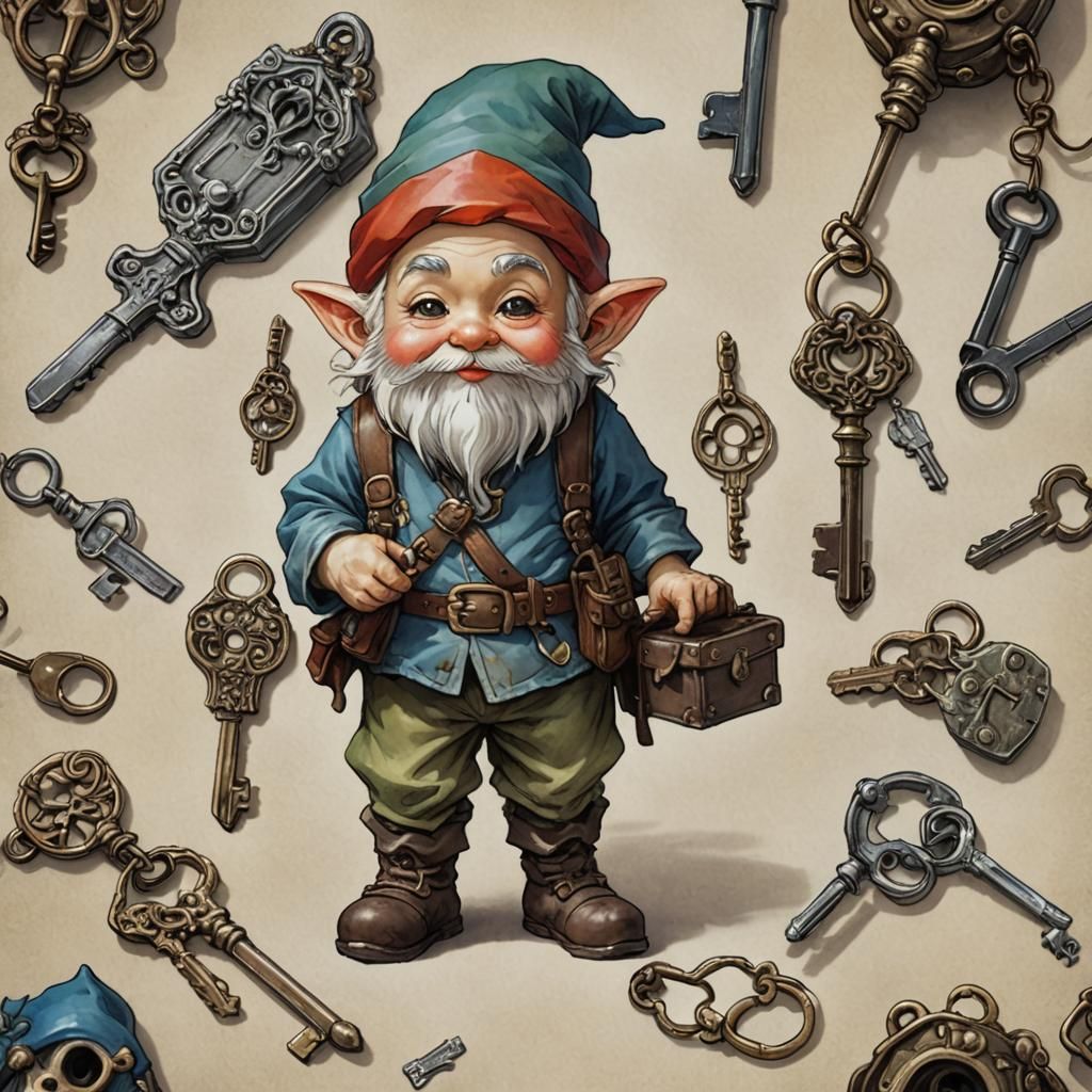 Gnome with Antique Keys: Anime Watercolor Art