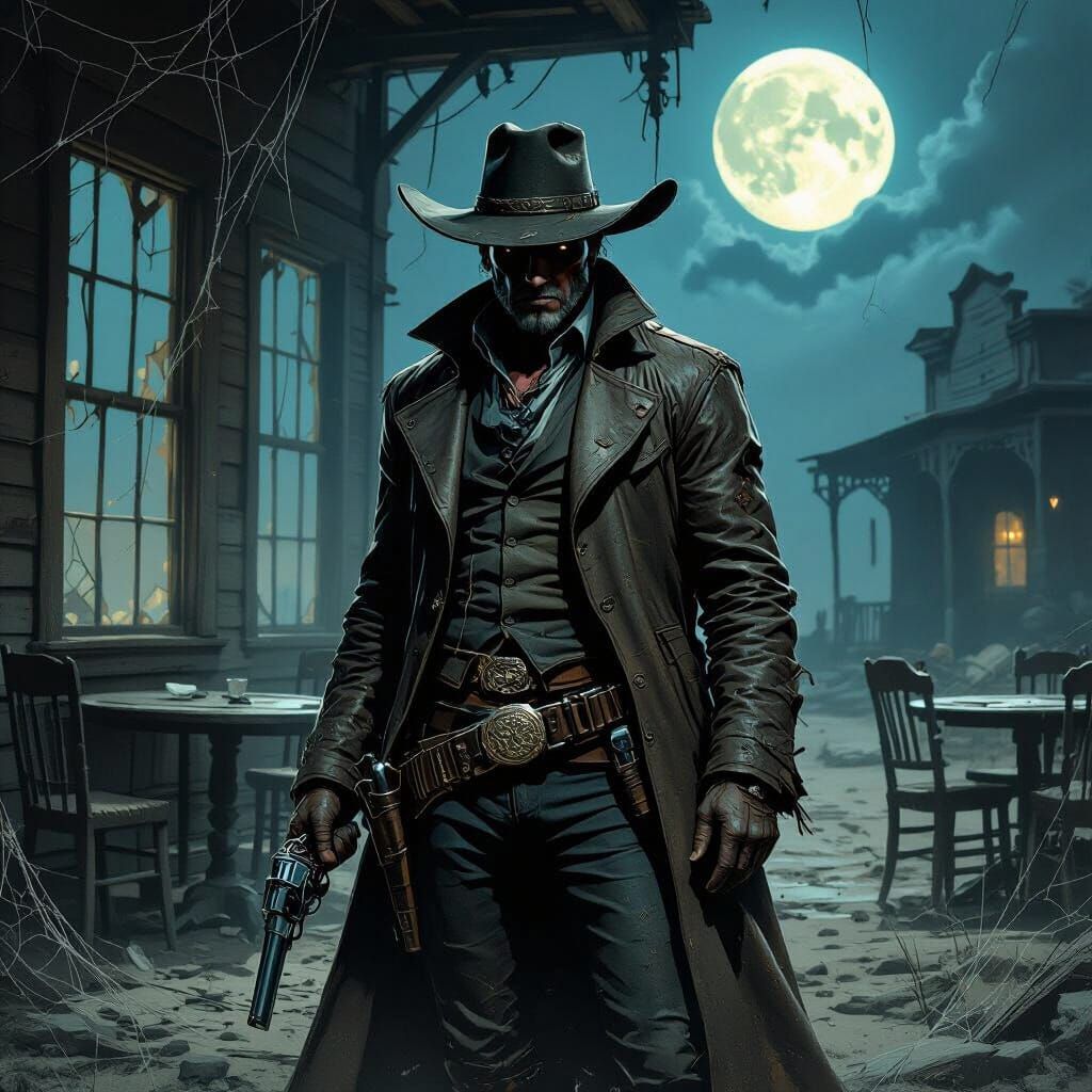 Grizzled Gunslinger in Abandoned Saloon, Dark Fantasy Art