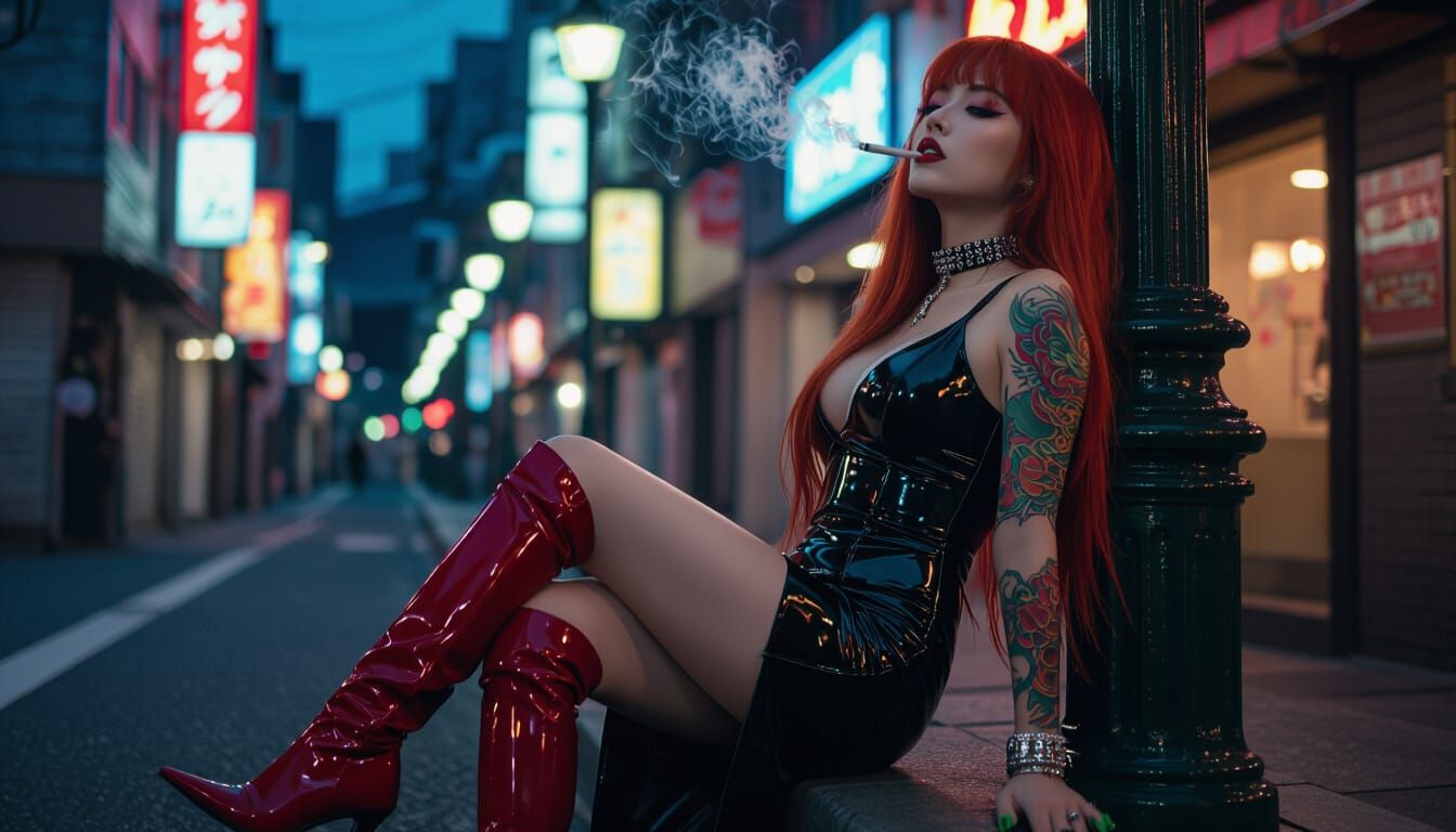 Japanese Woman in Neon Cityscape, 35mm Film Aesthetic