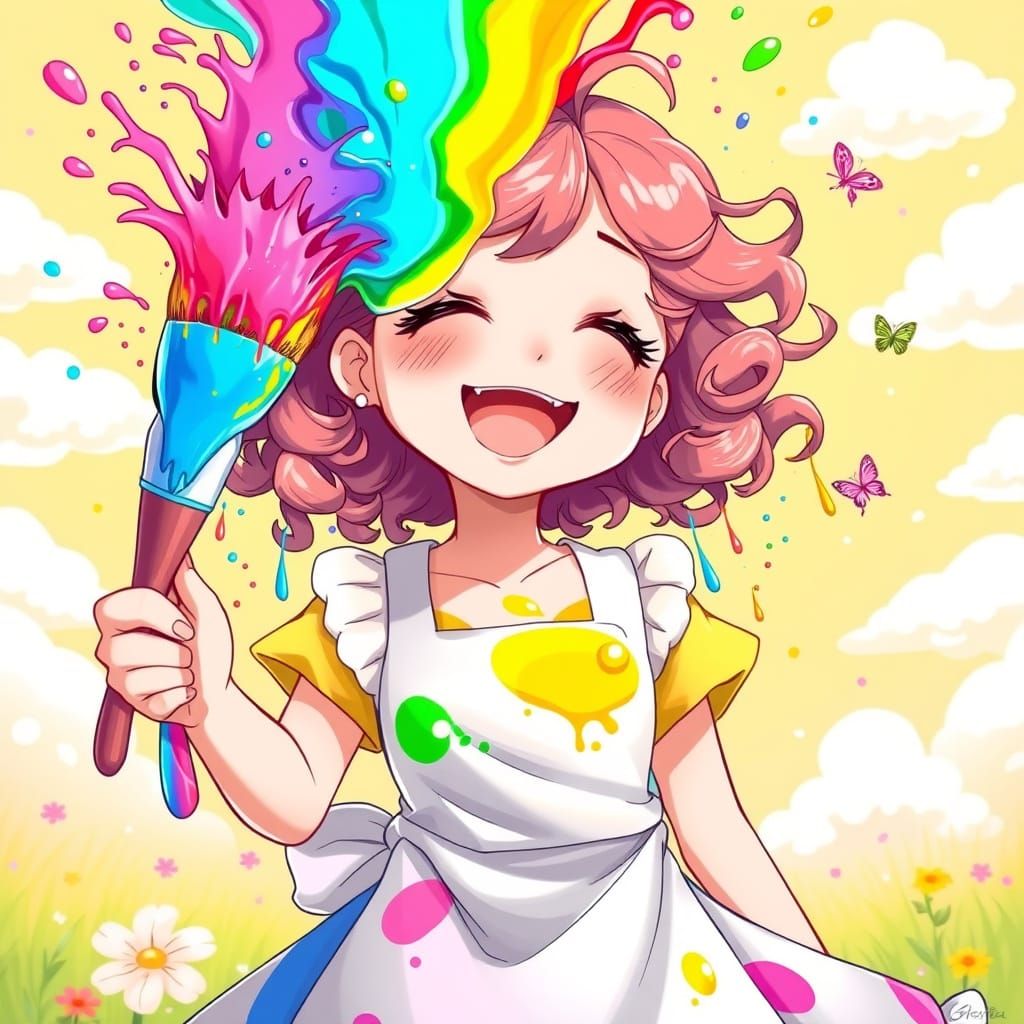 Joyful Princess Amidst Whimsical Paint Geyser