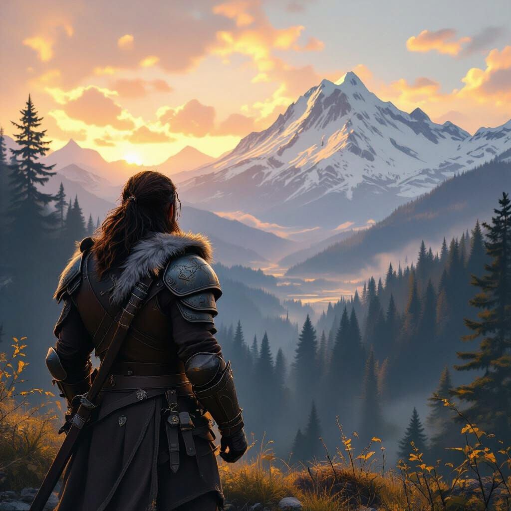 Lone Adventurer Gazes at Snowy Mountains in Golden Hour