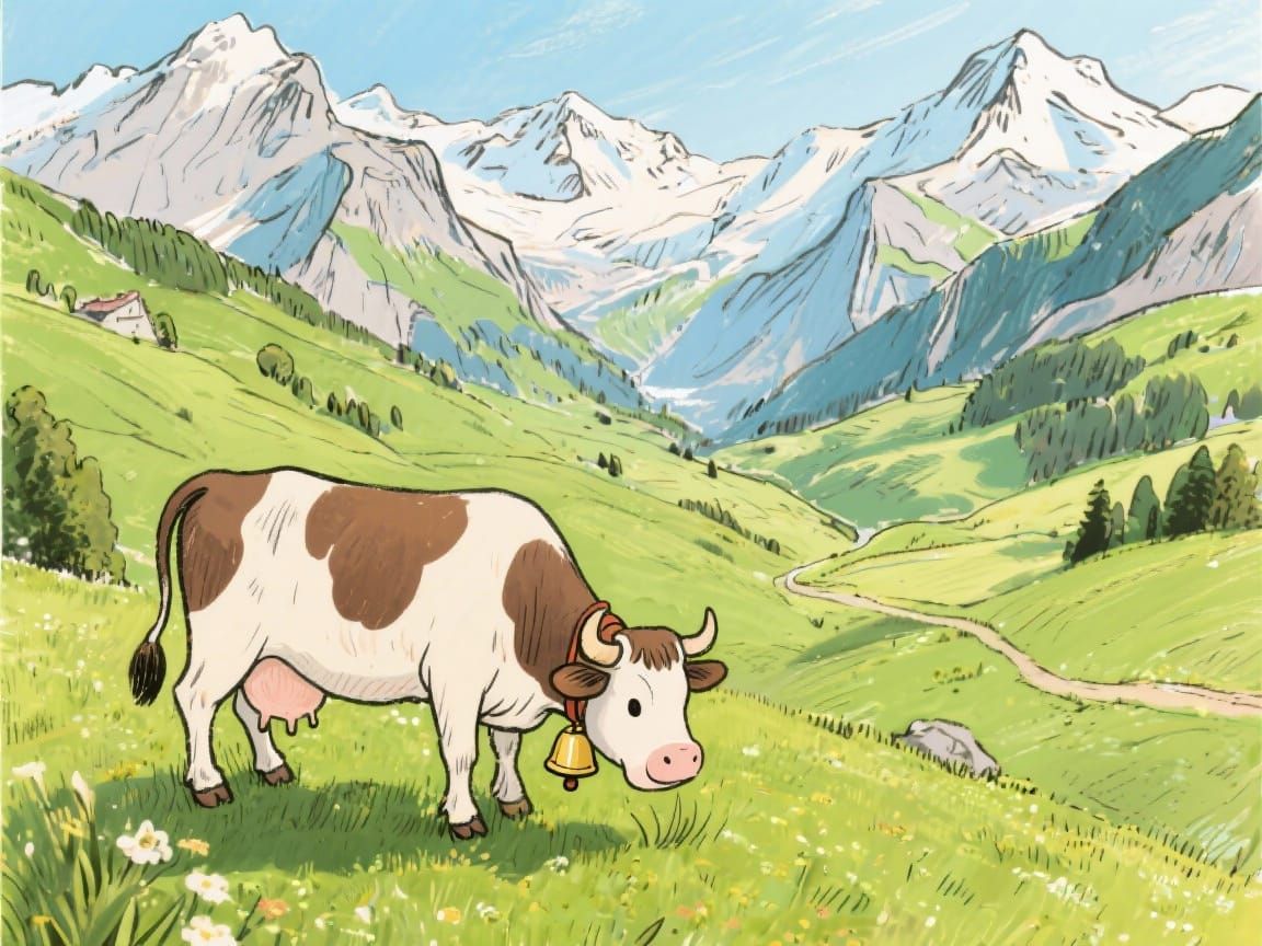 Whimsical Cow Grazing in Swiss Alps Sketch