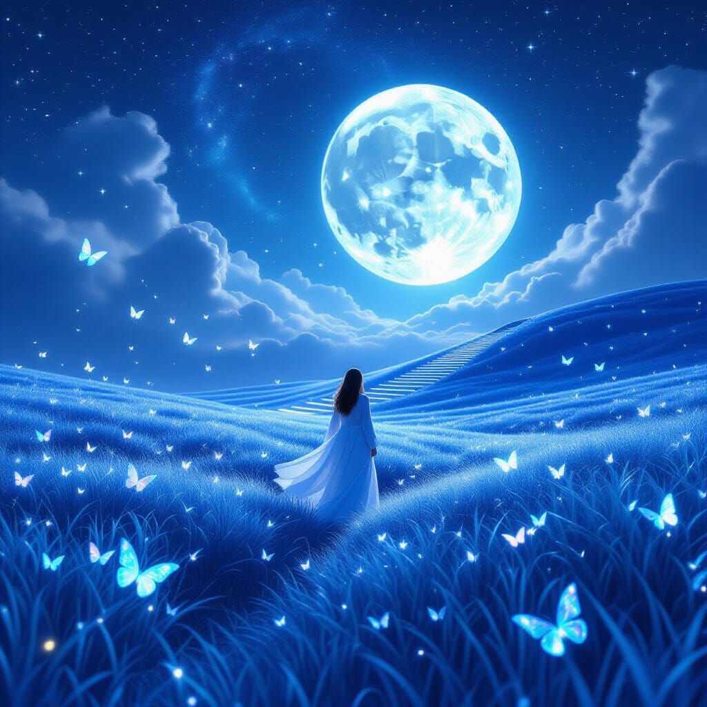 Glowing Sapphire Meadow Under Starry Sky with Crystal Butter...