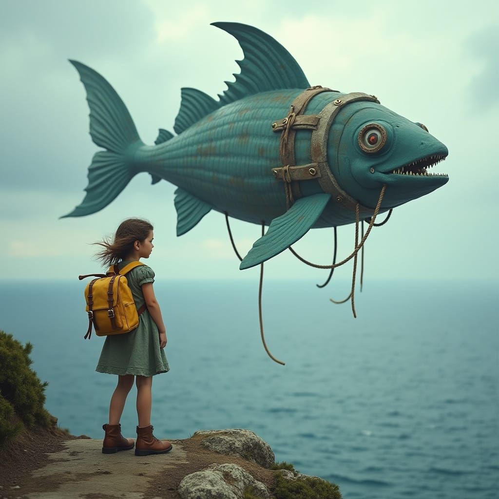 Surreal Girl Faces Ancient Flying Sea Beast Over Ocean