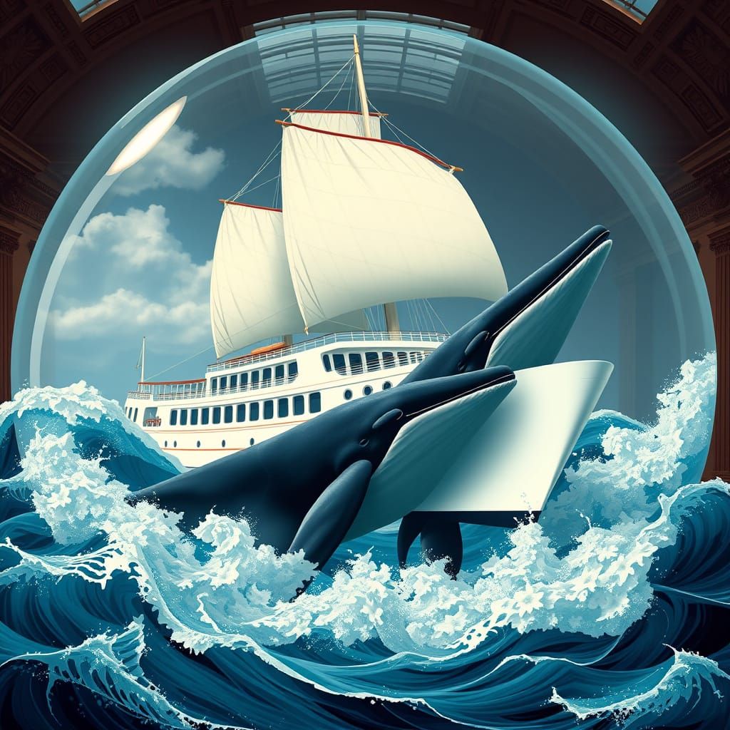 Surreal Cruise Ship Pulled by Whales in Glass Bowl