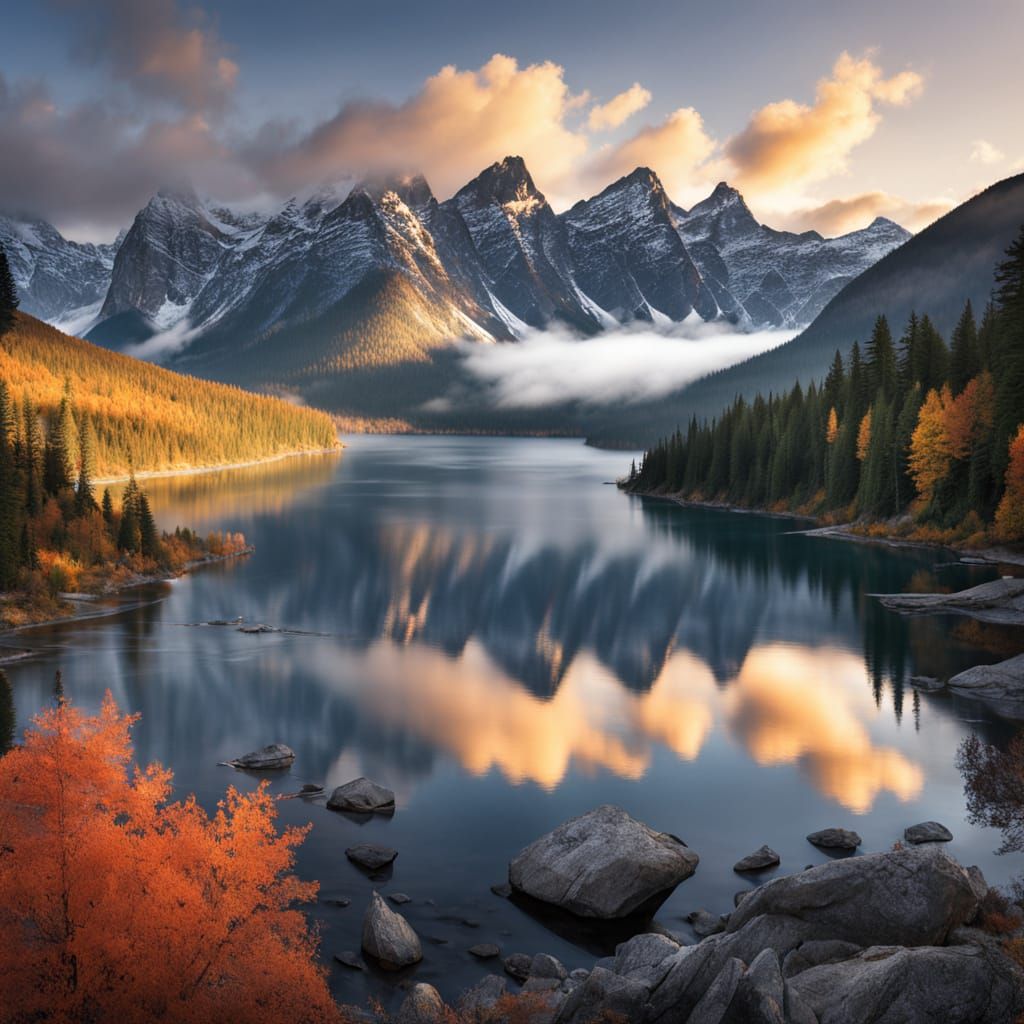 Majestic Canadian Mountains Meet Serene Lakes in Dawn's Warm...