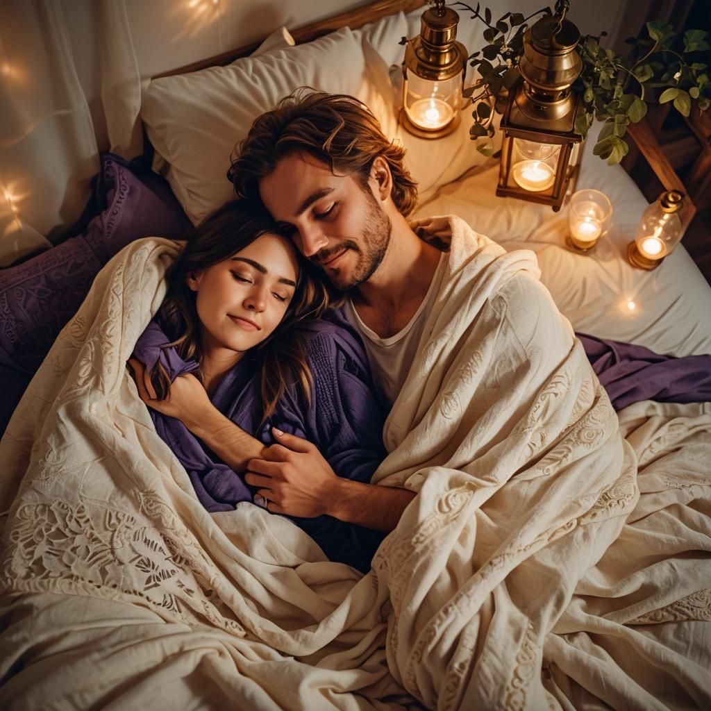 Romantic Couple Resting in Bed with Golden Light