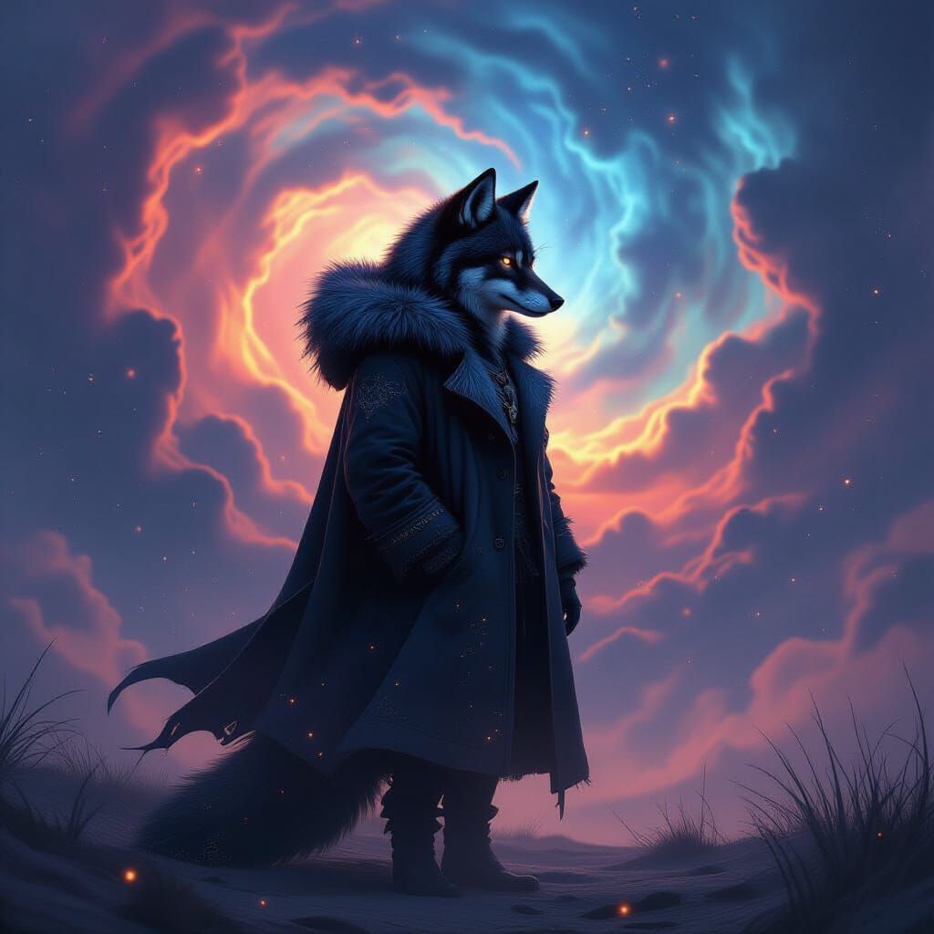 Lone Wolf Against Cosmic Nebula in Hyperrealistic Style