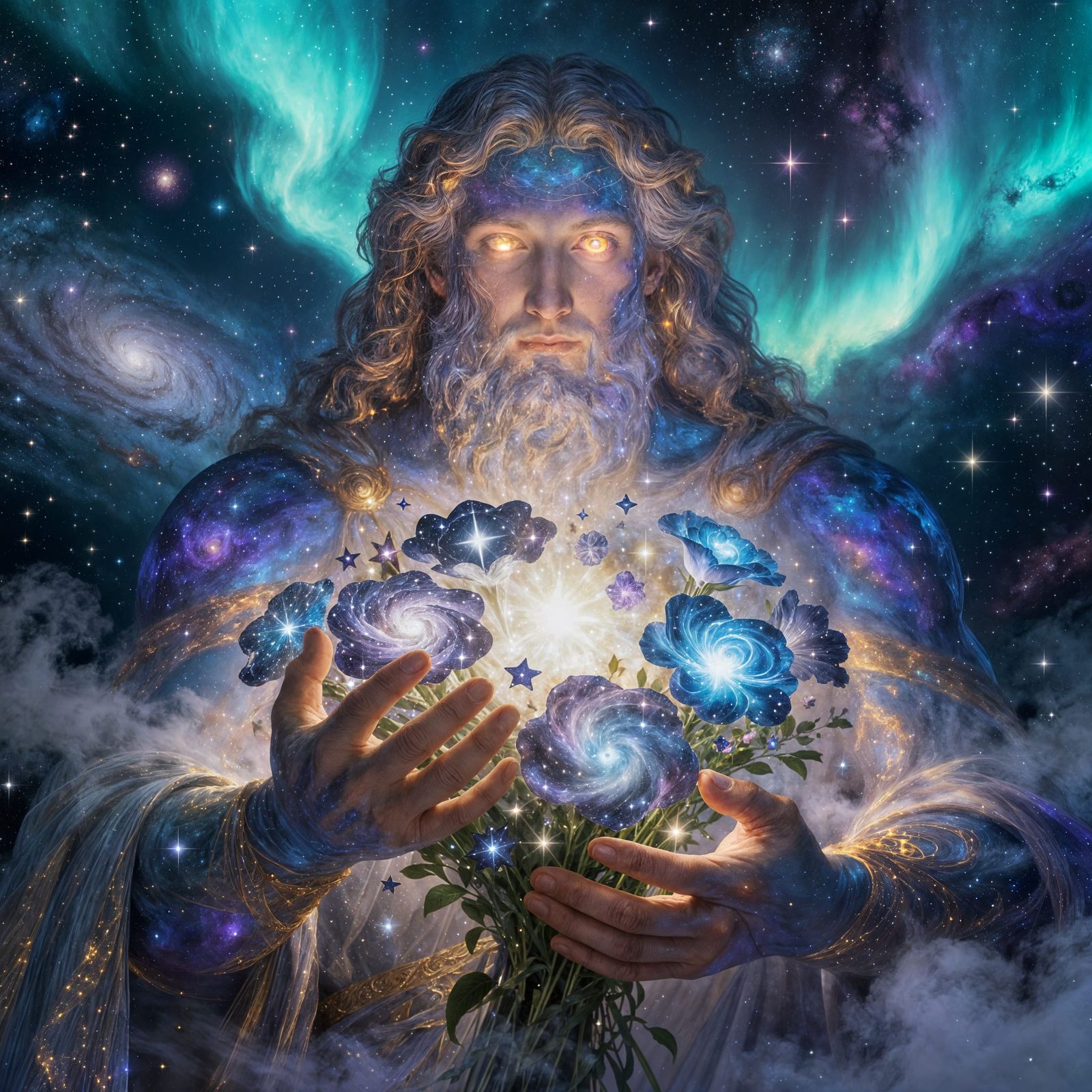 Cosmic God Holds Star Bouquet in Ethereal Void