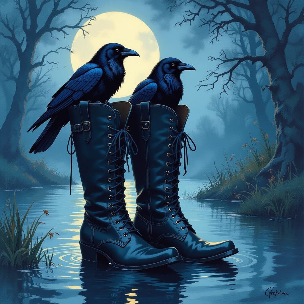 Gothic Victorian Boots in Moonlight, Watercolor Style