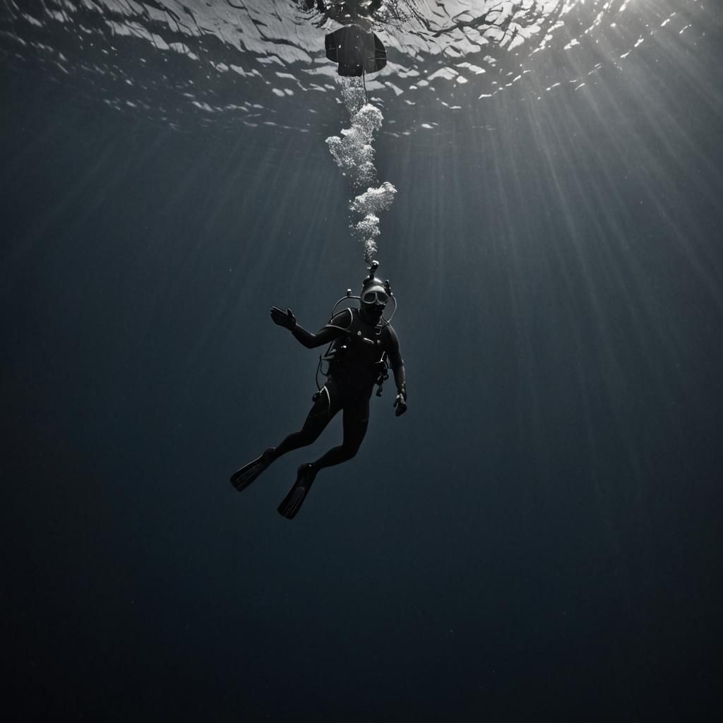 Diver in Deep Blue Ocean: Monochromatic Masterpiece