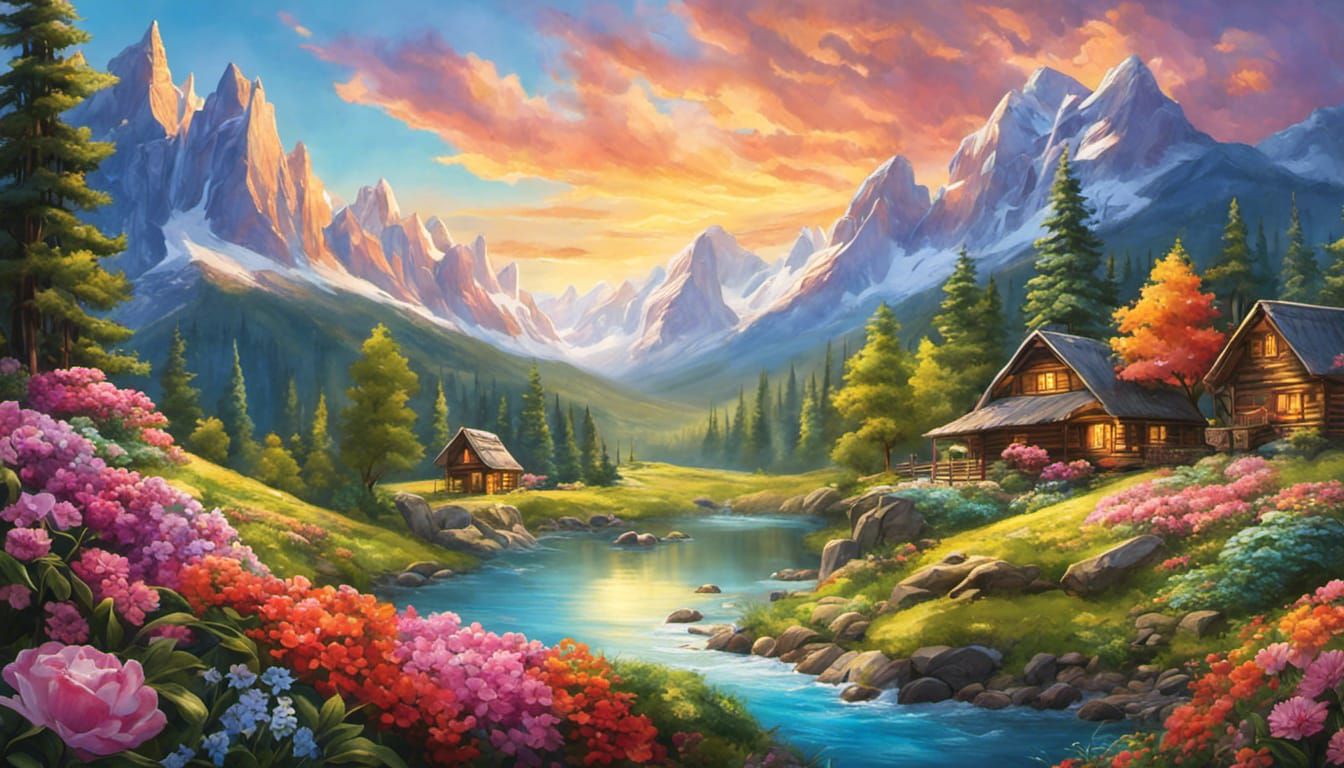 Vibrant Mountain Landscape in Candy Art Style