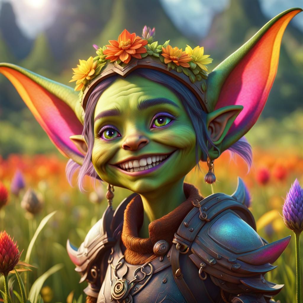 Smiling Goblin in Rainbow Meadow: Fantasy Concept Art