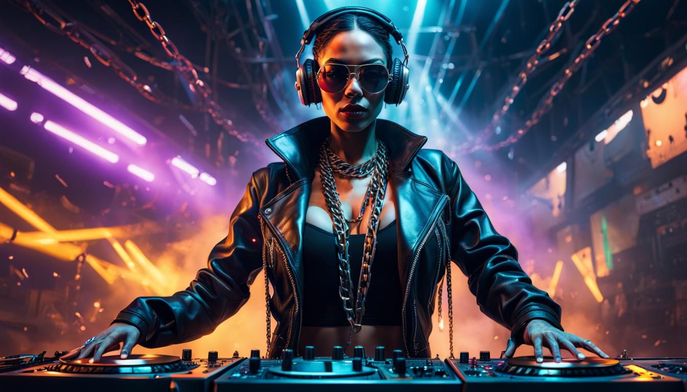 Techno DJ Performing at Rave in Hyperrealistic Style