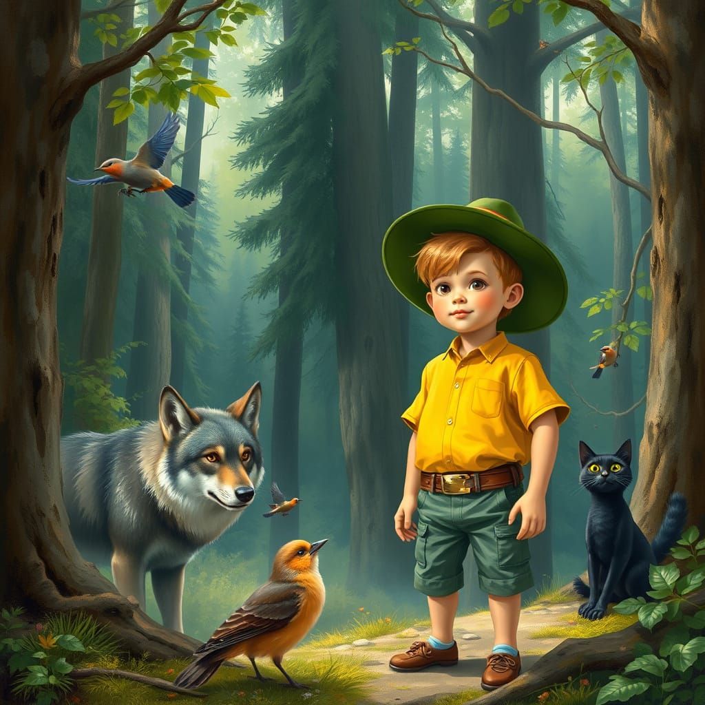 Peter and the Wolf in Realistic Fairy Tale Scene
