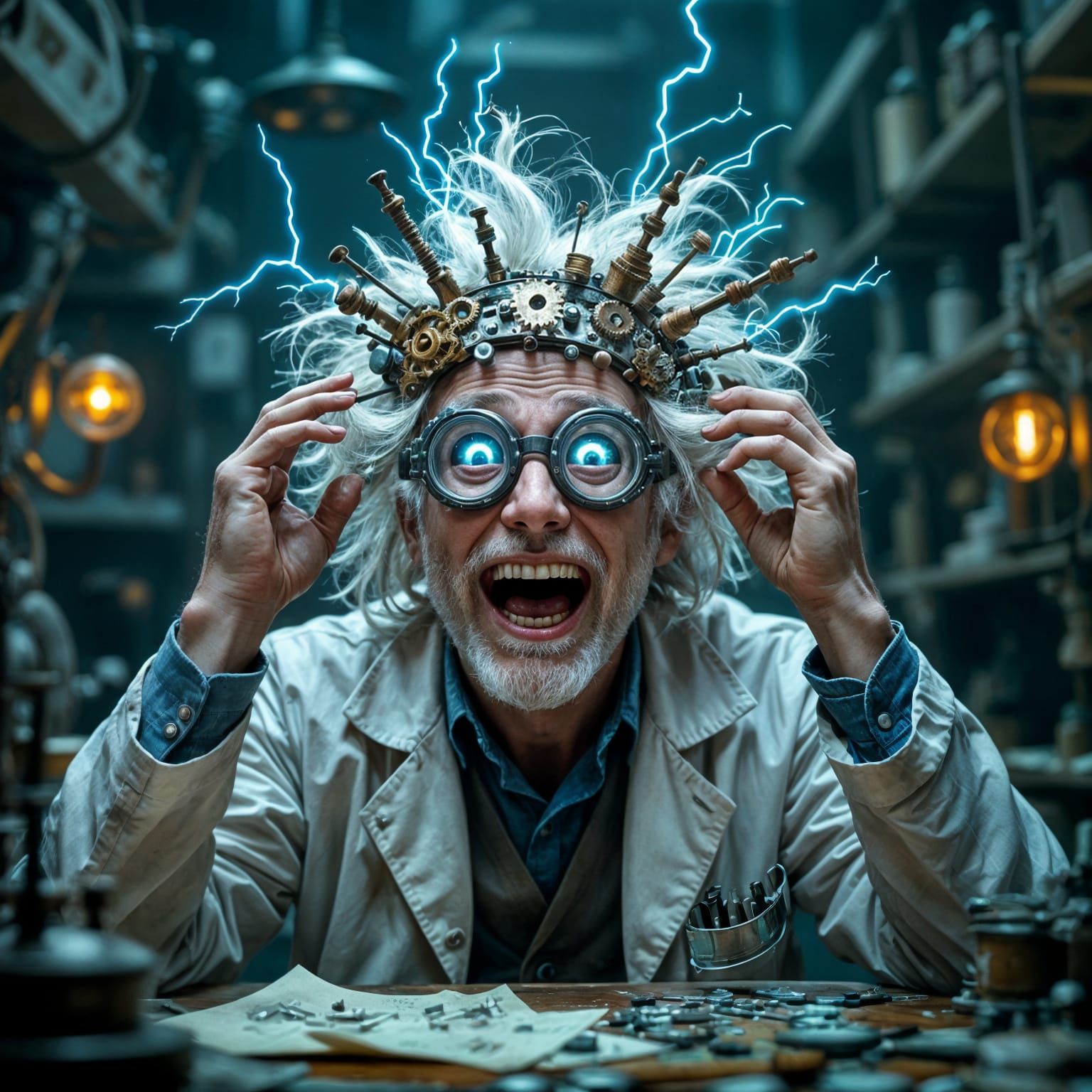 Mad Scientist Crowns Himself in a Sparking Gear Contraption