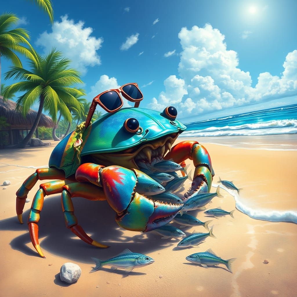 Furry Land Crab Eating Fish on Seashore