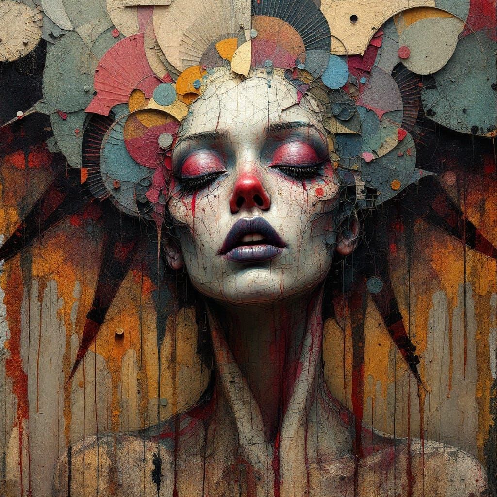 Abstract Humanoid Artwork in Vibrant Mixed Media