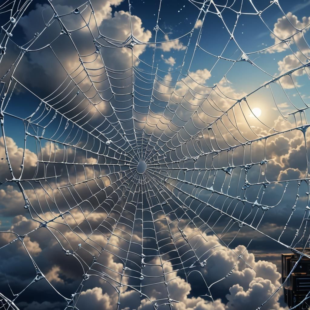 Surreal Spiderweb Connects Clouds to Computer in Anime Art