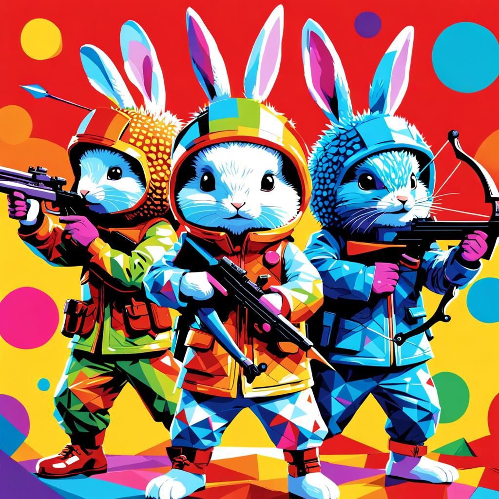 Bunnies vs Hedgehog in Digital Pop Art Style