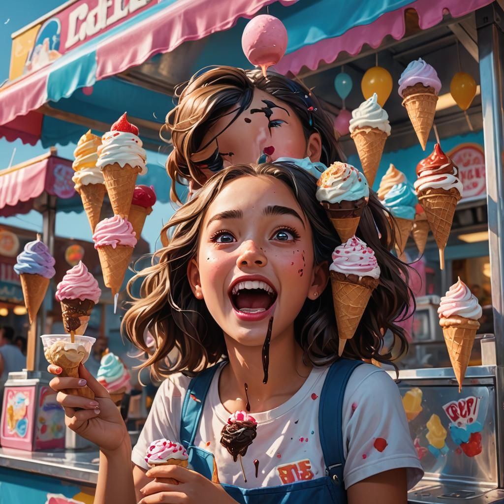 Girl at Ice-Cream Stand: Hyperrealistic Splash Art