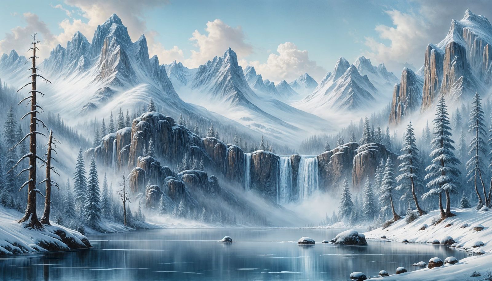 Misty Mountain Peaks With Frozen Waterfall