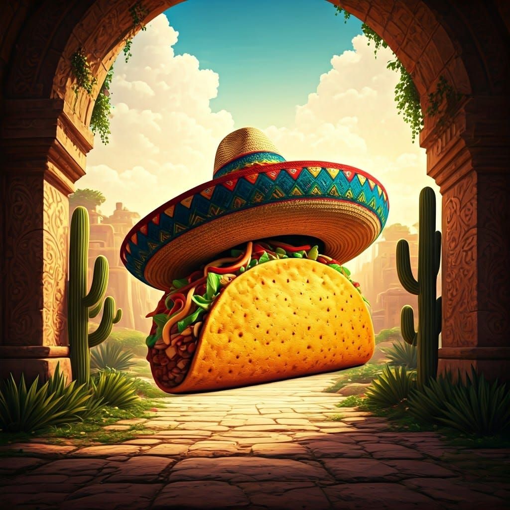 Vibrant Mexican Landscape with Cartoon Taco
