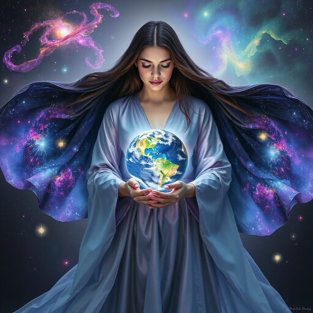 Divine Feminine Figure with Earth in Cosmic Art