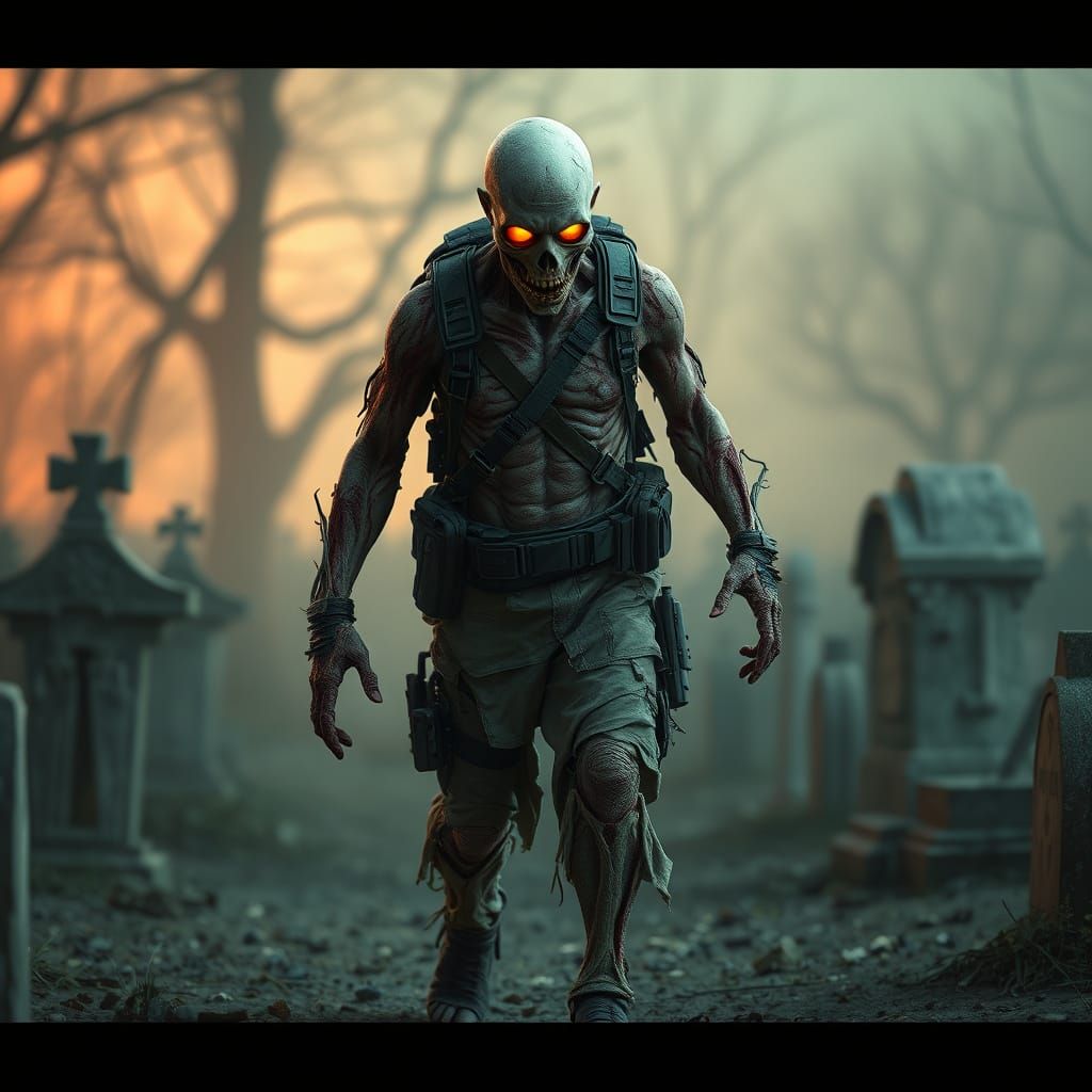 Undead Soldier Patrolling Graveyard in Cinematic 3D