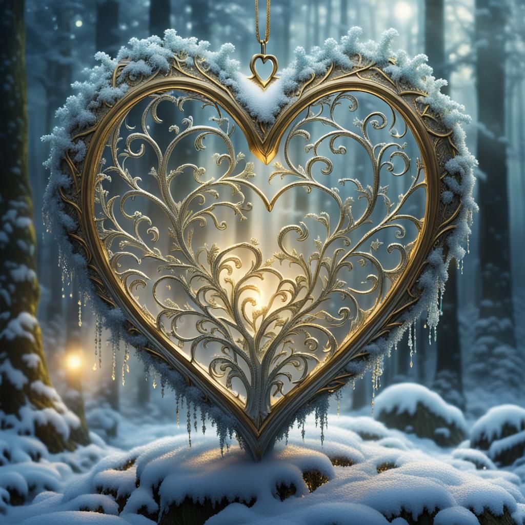 Ornate Heart in Misty Forest with Golden Light
