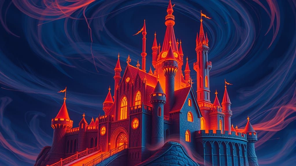 Neon Orange Fairytale Castle in Swirling Indigo Sky