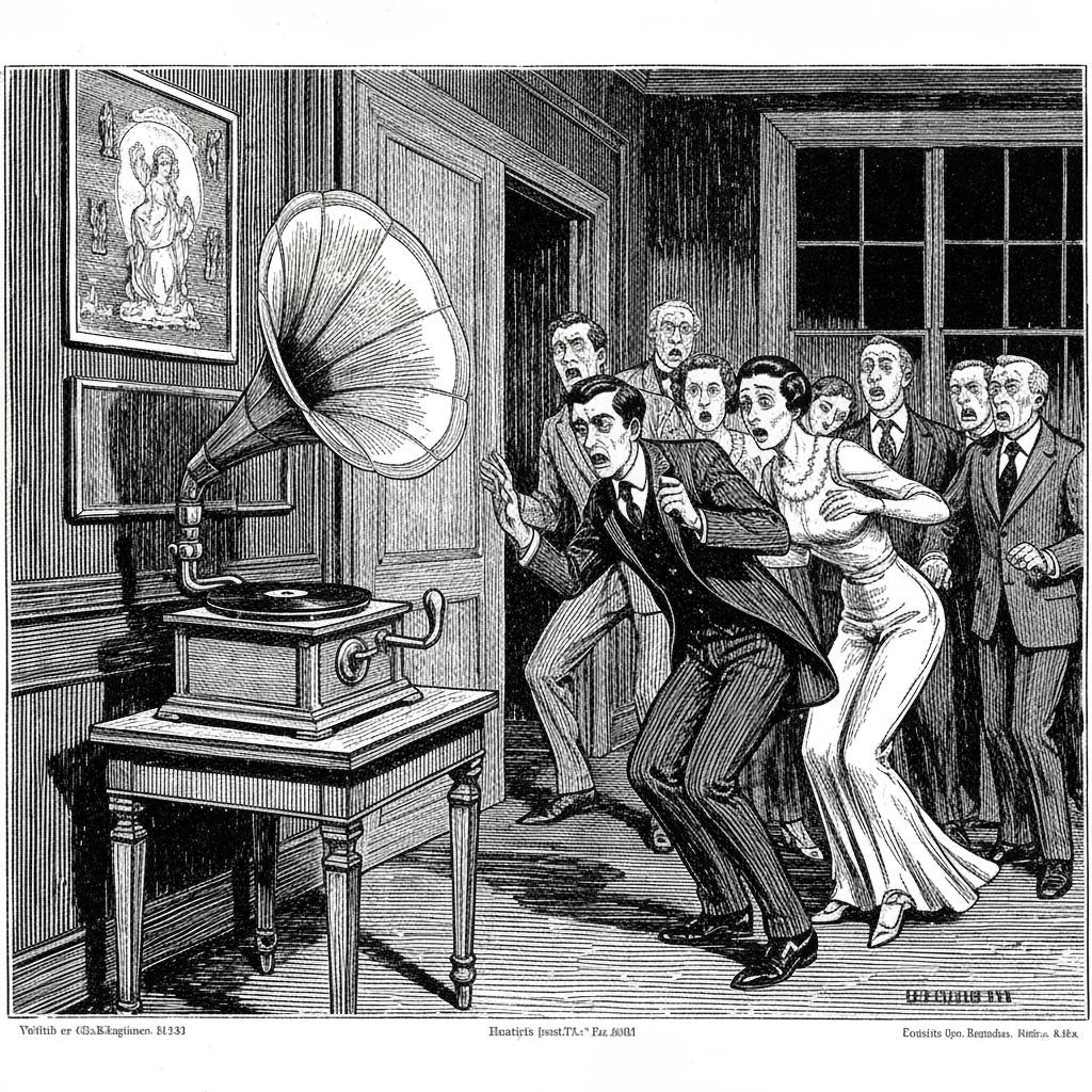 Shocked Guests in Dark Parlor, 1930s Engraving Style