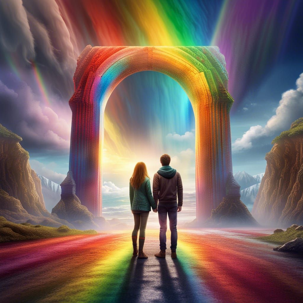 Couple Gazing at Rainbow Portal to Fantasy World