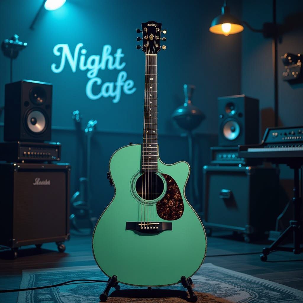 Steampunk Guitar in Home Studio, Retrofuturistic Style