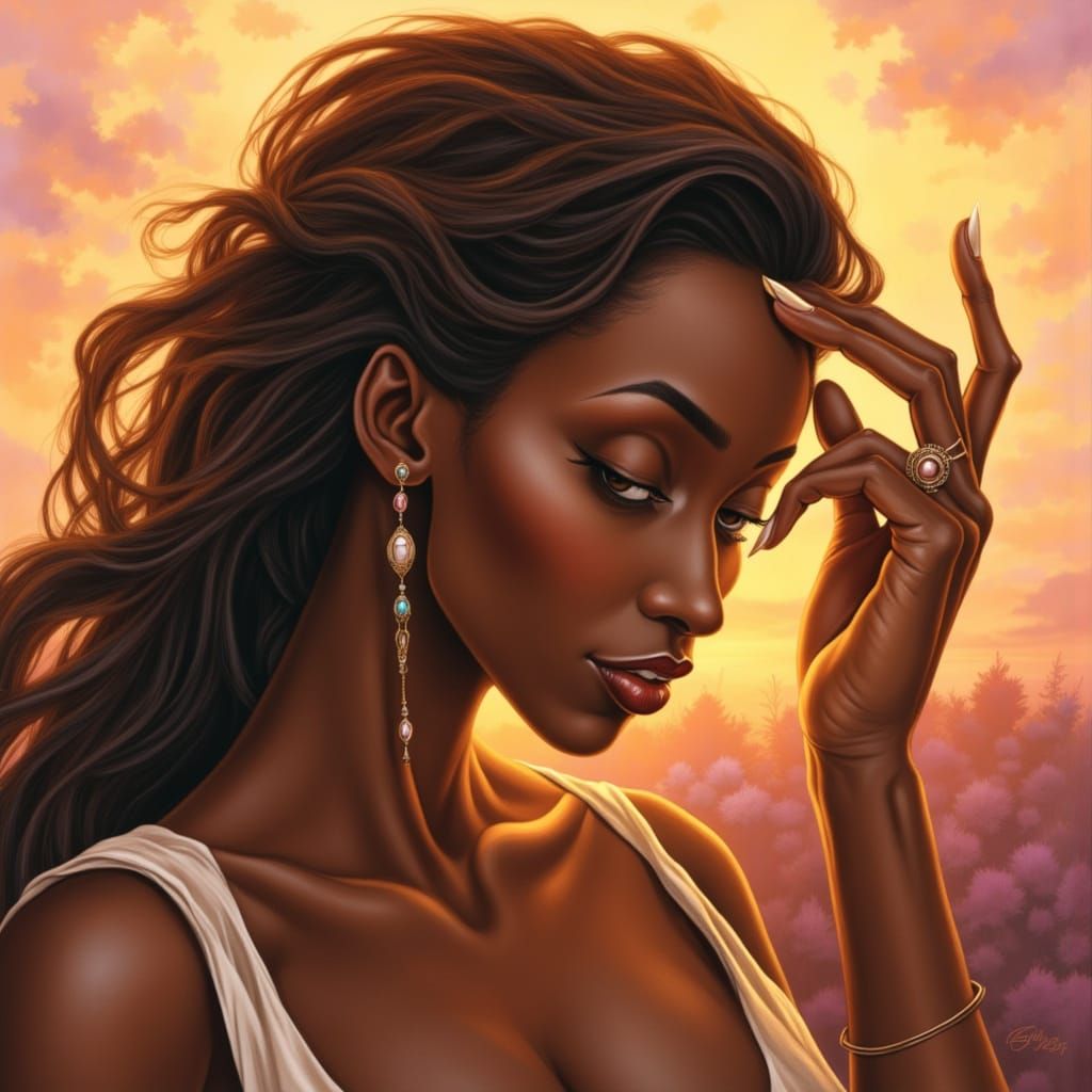 Elegant Woman with Flowing Hair in Art Nouveau Style