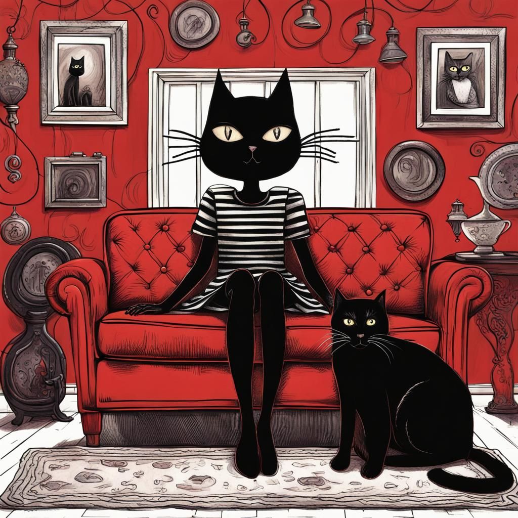 a girl and her black cat sitting on red sofa