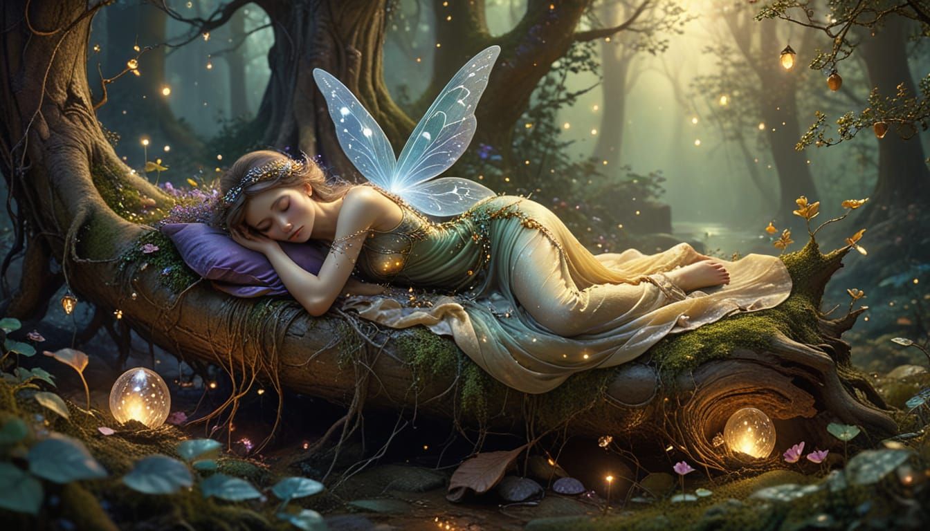 Fairy Sleeps in Acorn in Dreamlike Watercolor Style