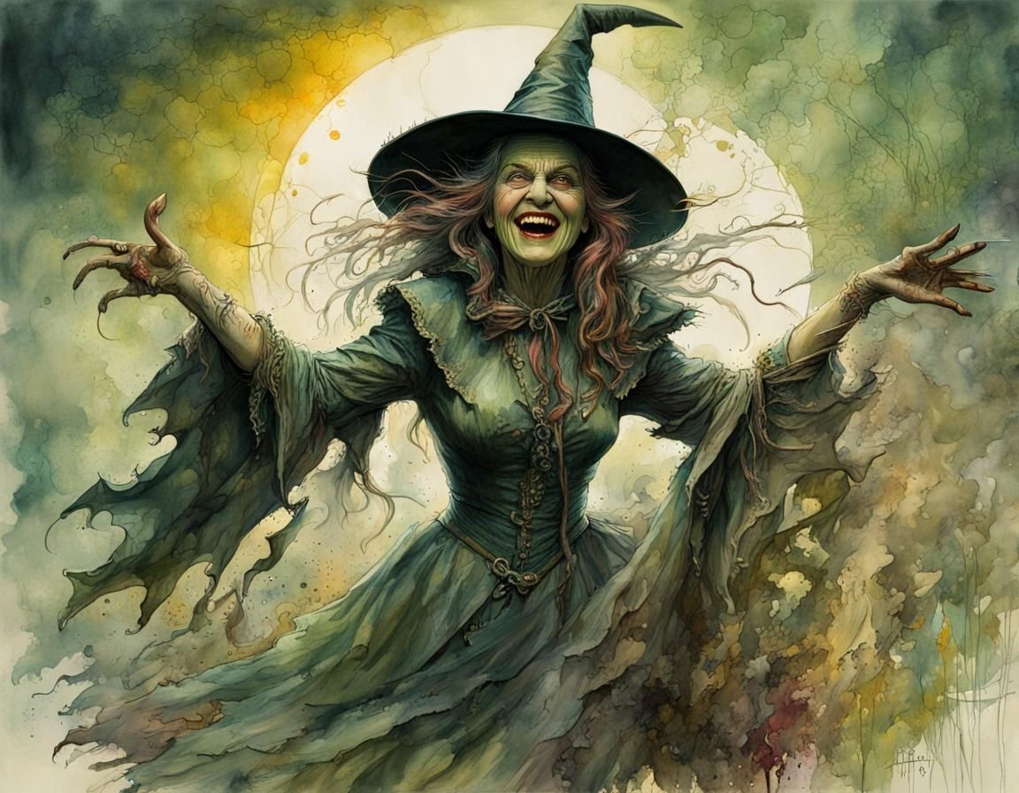 Hyperrealistic Wicked Witch Laughing in Film Noir Style