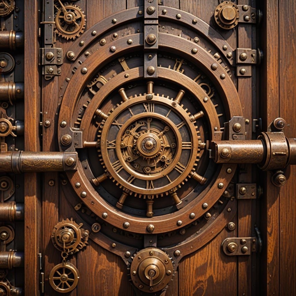 Steampunk Wooden Door with Brass and Copper Details