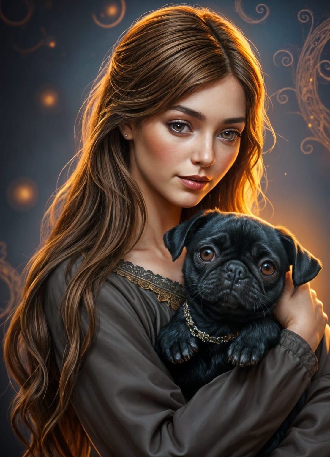 Woman Cuddles Black Pug in Enchanting Fantasy Landscape