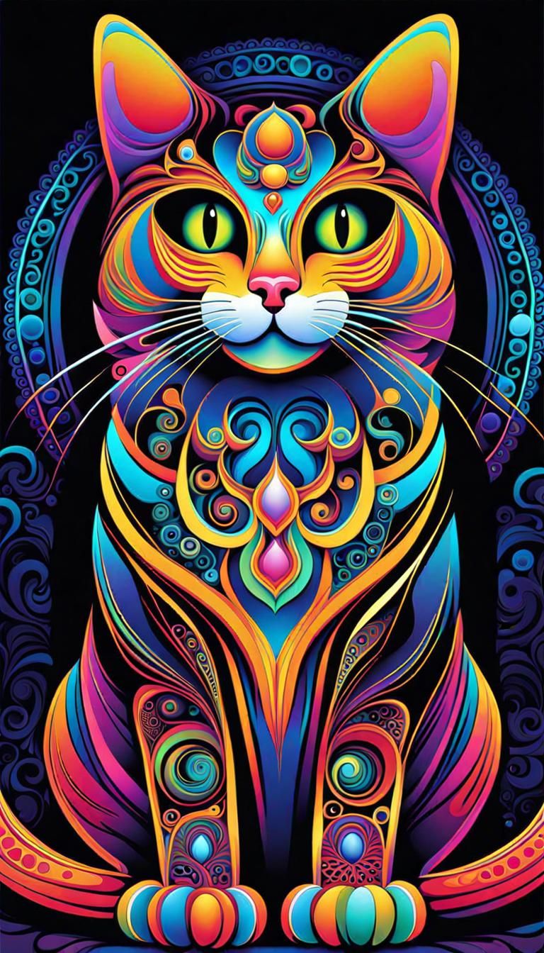Psychedelic Neon Cat in Art Nouveau Style